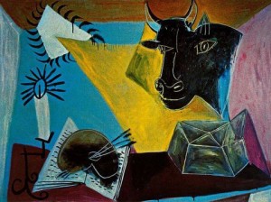 Pablo Picasso, still life with a bulls head book and candle range, 1938.