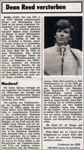 La noticia de la muerte de Dean Reed en el Neues Deutschland, órgano del SED (Partido Socialista Unificado, de la RDA), el día 18 de junio de 1986