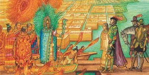 Encuentro Moctezuma-Cortés. Ilustración.