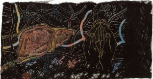 05) Kiki Smith - Sin Titulo - grabado en linoleum con adición de color -1985